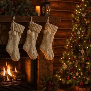 North Pole Knit Christmas Stockings Set of 3 Cream Pom Poms 20” Holiday Decor